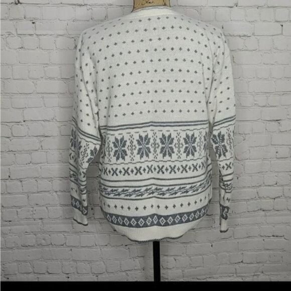 Vintage 70s Fair Isle White Nordic Knit Cardigan Sweater Rose Snowflake - Picture 6 of 15
